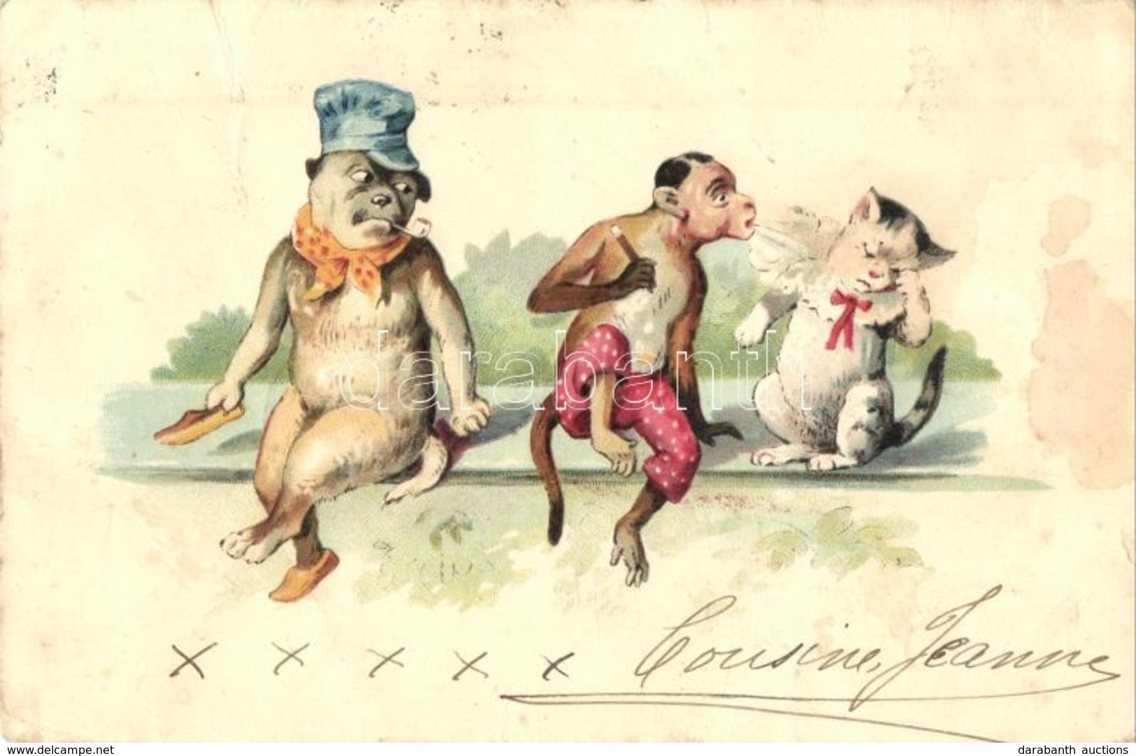 T3 1905 Monkey And Dog Smoking At The Cat, Litho (kis Szakadás / Small Tear) - Zonder Classificatie