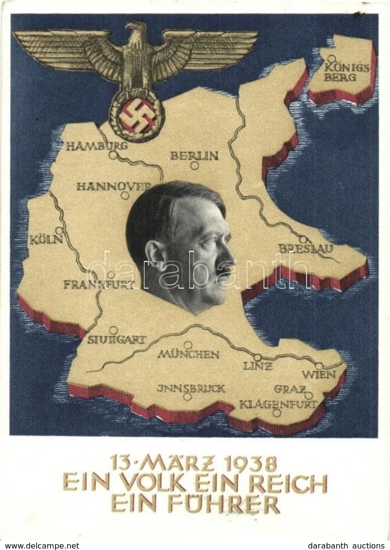 T2/T3 1938 Ein Volk, Ein Reich, Ein Führer! / Adolf Hitler, NSDAP German Nazi Party Propaganda, Map, Swastika; 6 Ga. + 1 - Zonder Classificatie