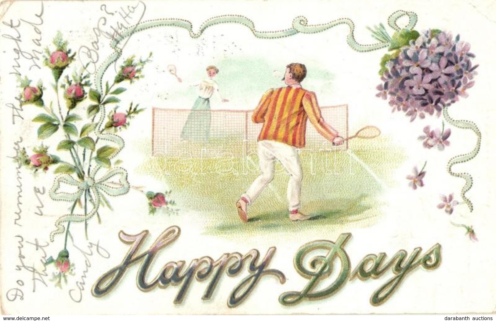 T3 1909 'Happy Days' Lady And Gentleman Playing Tennis On The Tennis Court. Floral, Emb. Litho (EB) - Zonder Classificatie