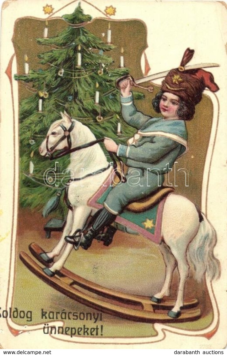 ** T2/T3 Boldog Karácsonyi ünnepeket! / Christmas Greeting Art Postcard, Rocking Horse. Art Nouveau, Litho  (EK) - Zonder Classificatie