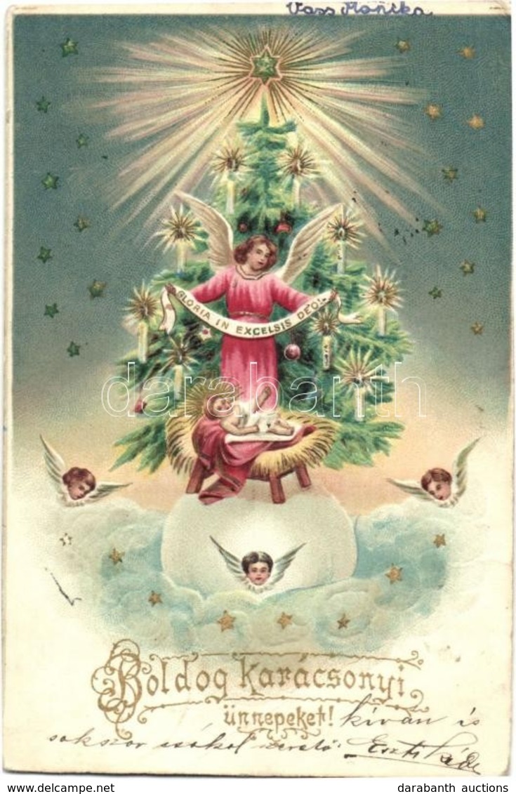 T2/T3 1902 Boldog Karácsonyi Ünnepeket! / Christmas Greeting Card With Angels, Baby, Christmas Tree. Emb. Litho (EK) - Zonder Classificatie