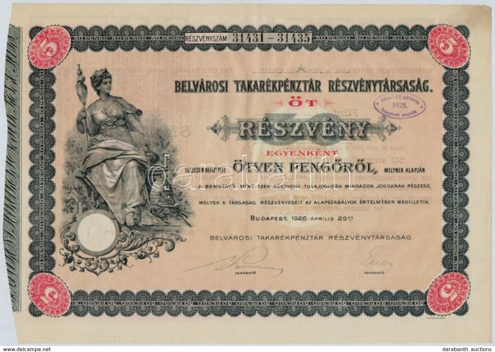 Budapest 1926. 'Belvárosi Takarékpénztár Részvénytársaság' öt Részvénye Egyben 250P-ről (2x), Sorszámkövetők, Szárazpecs - Zonder Classificatie