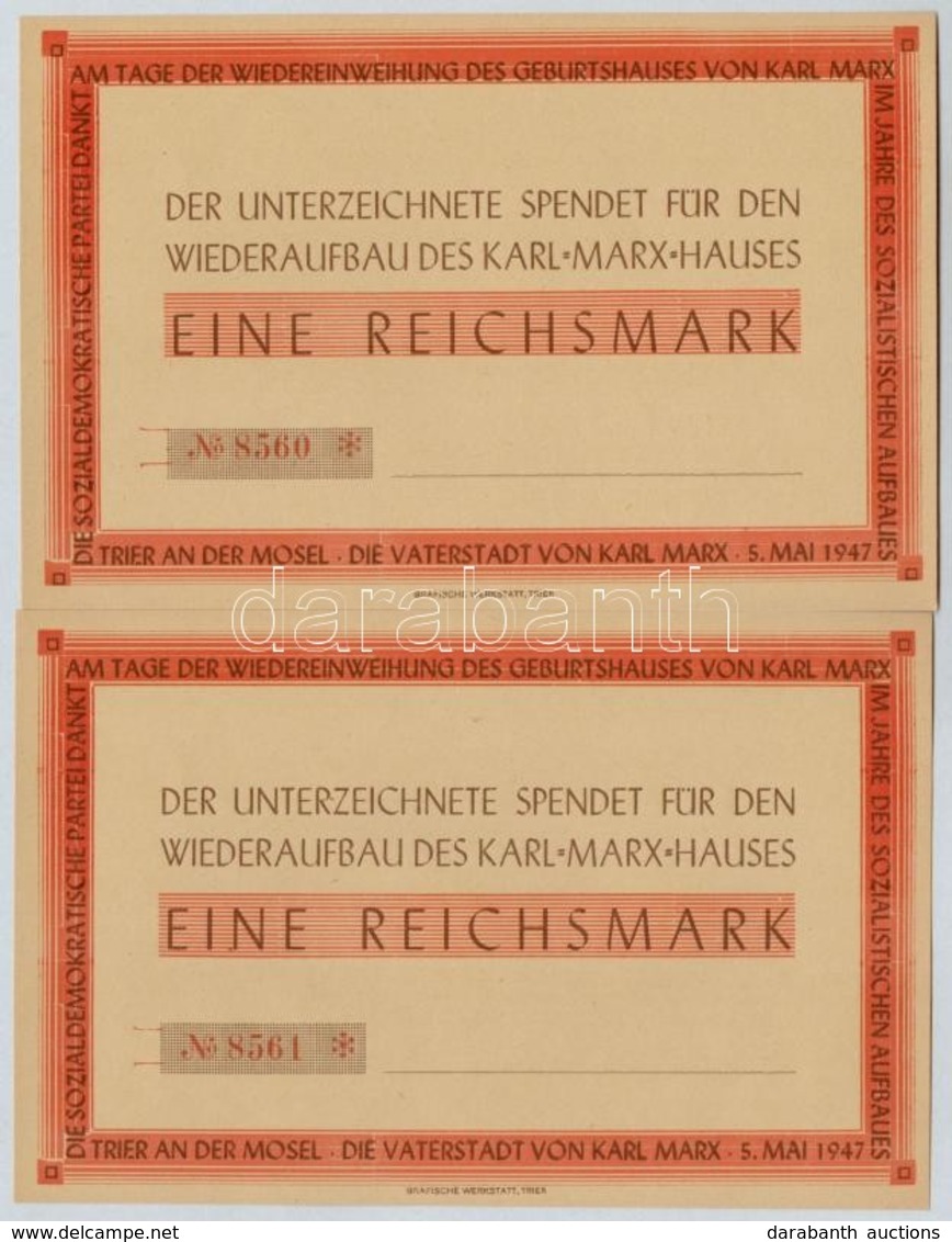 NSZK 1947. 'A Karl Marx Ház újjáépítésére' Kitöltetlen Téglajegy (2x) Sorszámkövetők T:I
FRG 1947. 'Wiederaufbau Des Kar - Zonder Classificatie