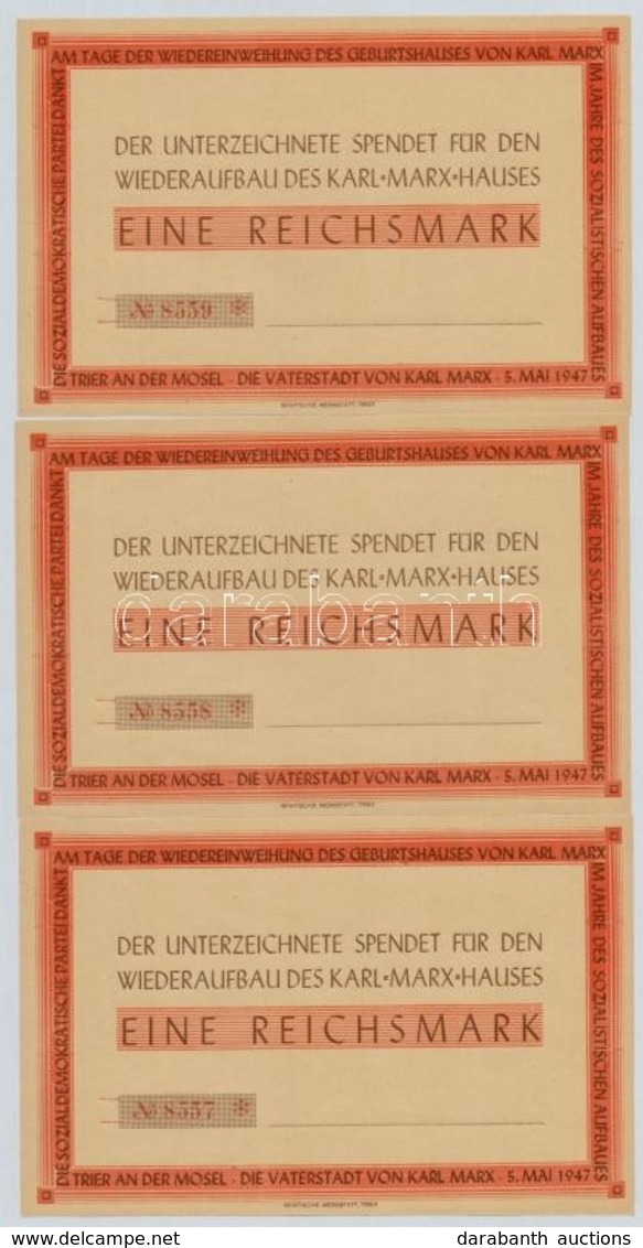 NSZK 1947. 'A Karl Marx Ház újjáépítésére' Kitöltetlen Téglajegy (3x) Sorszámkövetők T:I
FRG 1947. 'Wiederaufbau Des Kar - Zonder Classificatie