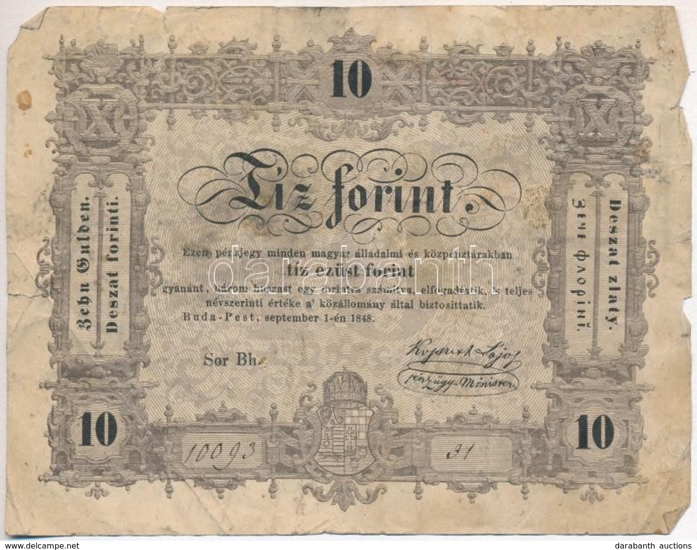 1848. 10Ft 'Kossuth Bankó' T:III-,IV
Adamo G111 - Zonder Classificatie