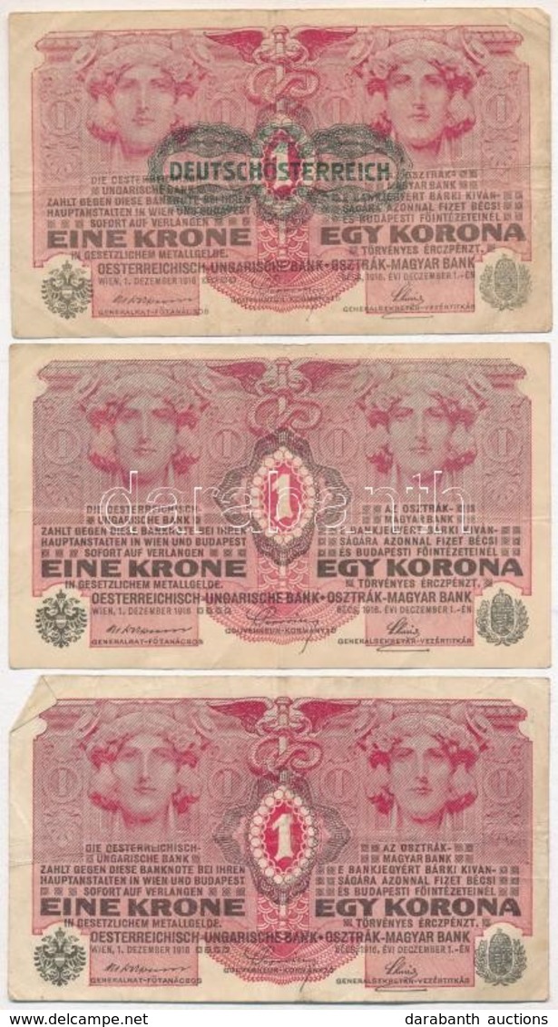 1915. 10K (3x) + 1916. 1K (3x) Egyik 'Deutschösterreich' Felülbélyegzéssel T:III,III- - Zonder Classificatie