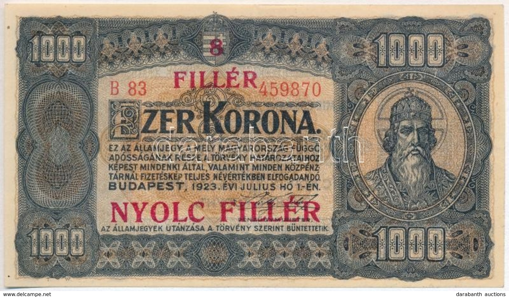 1923. 1000K '8 FILLÉR - NYOLC FILLÉR' Felülnyomással, Nyomdahely Jelölés Nélkül T:II
Adamo K37B - Zonder Classificatie