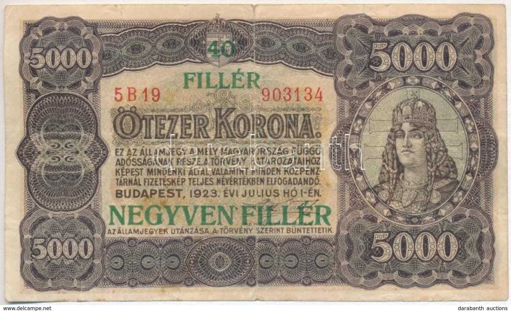 1923. 5000K T.W. Jelöléssel, Nyomdahely Jelölés Nélkül '40 FILLÉR NEGYVEN FILLÉR' Felülbélyegzéssel T:III-
Adamo K39B - Zonder Classificatie