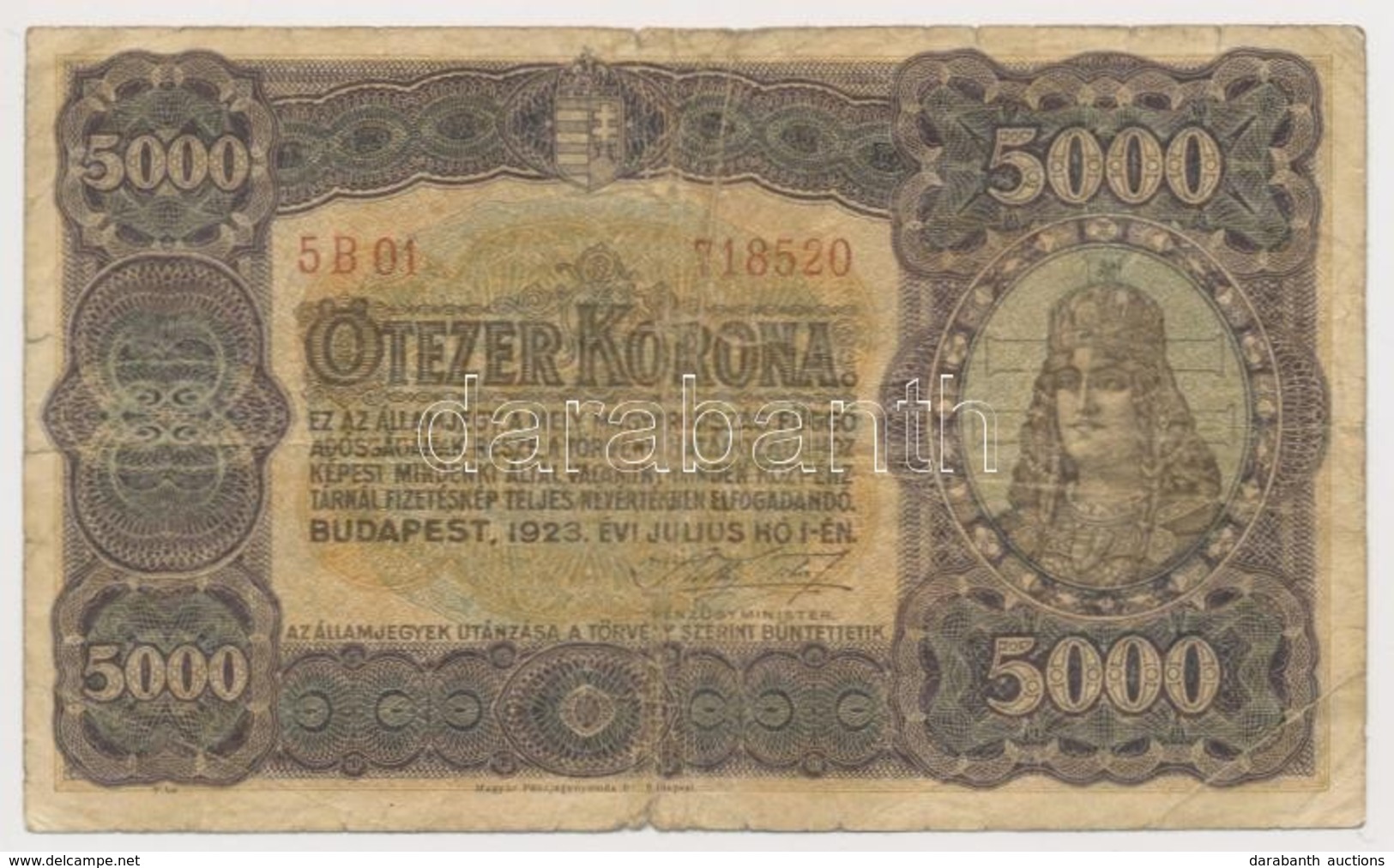 1923. 5000K 'Magyar Pénzjegynyomda Rt. Budapest' T:III-
Adamo K39 - Zonder Classificatie