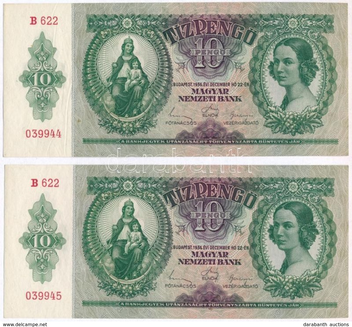 1936. 10P (2x) Sorszámkövetők, Nyomdai Papírráncokkal T:I - Zonder Classificatie