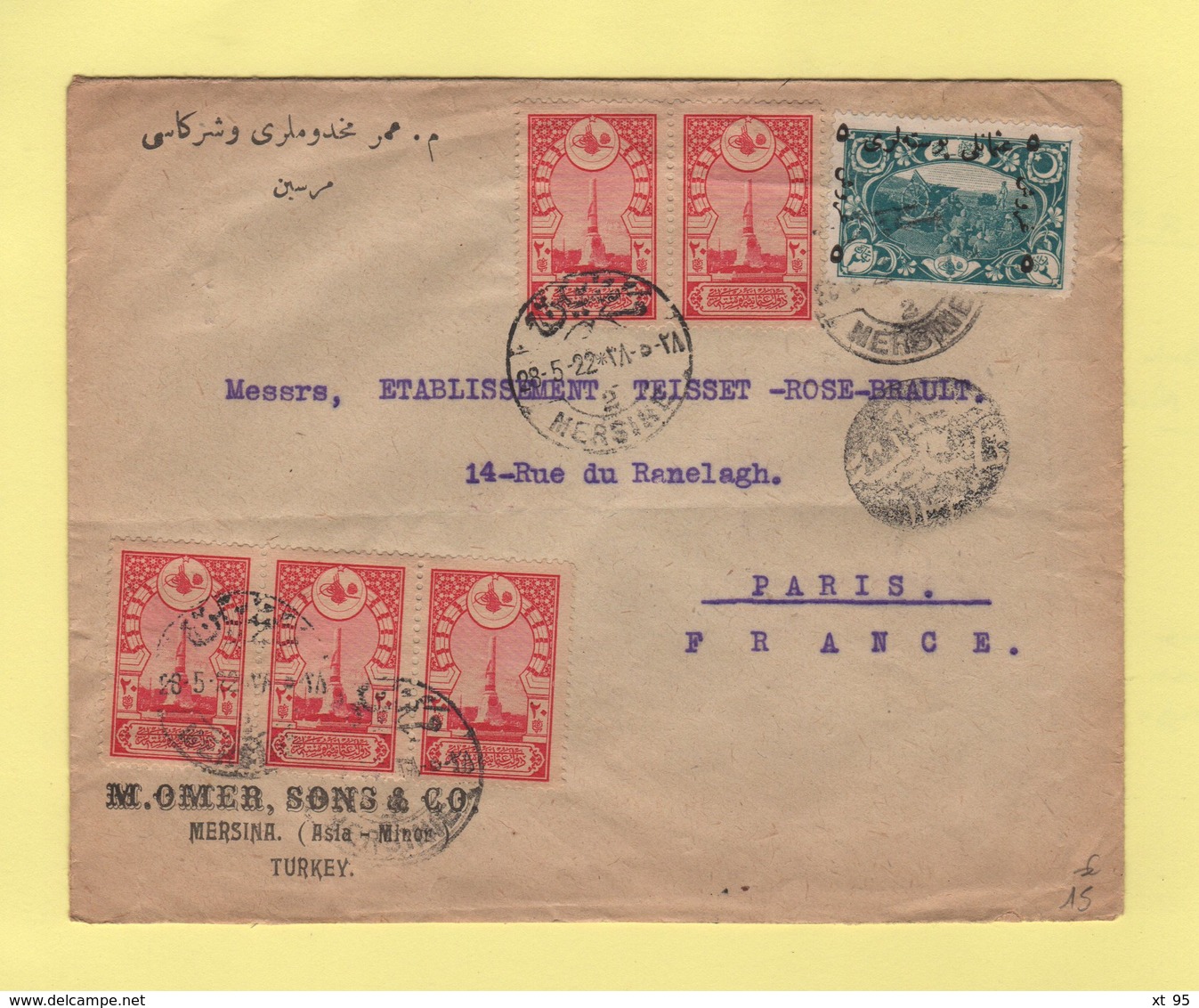 Turquie - Mersine - 1922 - Destination Paris - Cartas & Documentos