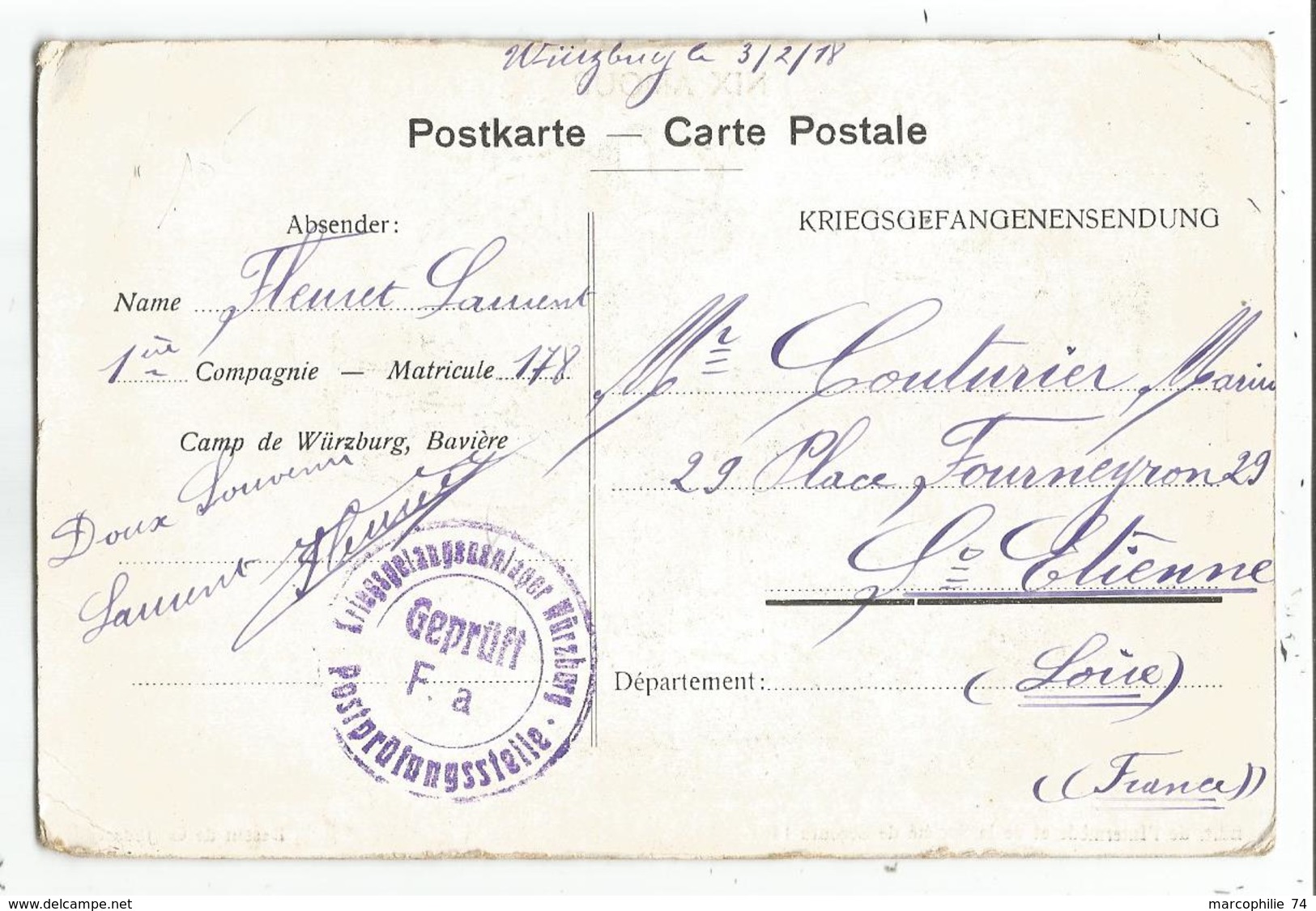 CARTE KRIEGS CAMP DE WURZBURG BAVIERE GERMANY  POSTKARTE NIX AMOUR EDIT SOCIETE SECOURS 14 POUR LA  LOIRE - Lettres & Documents