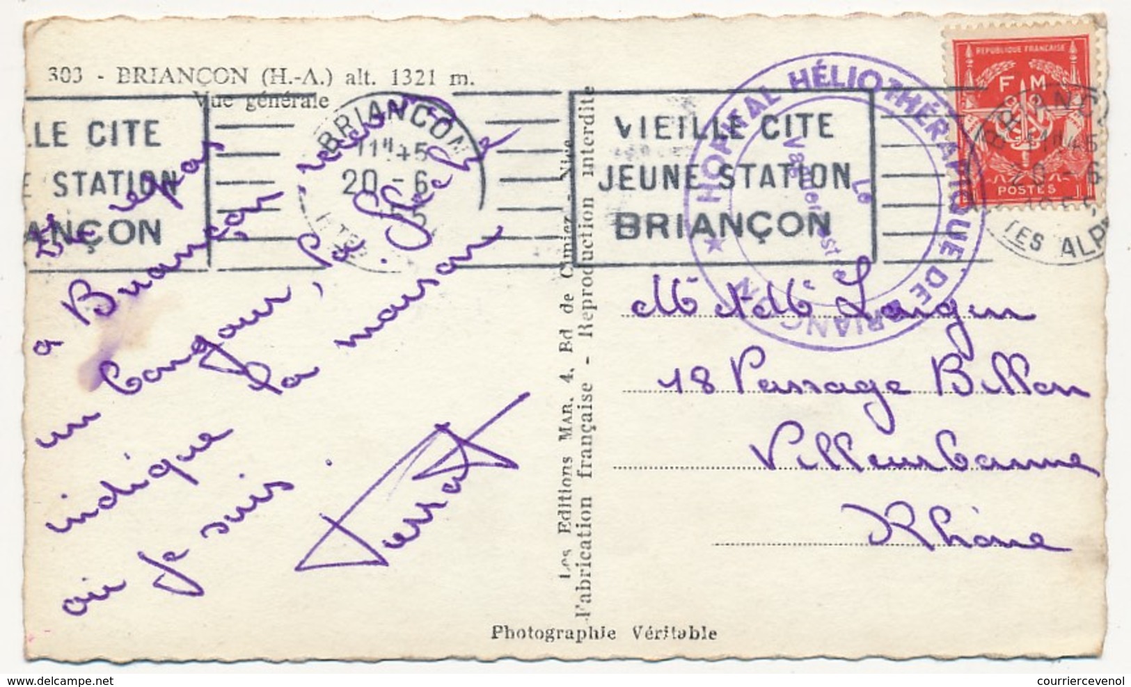 FM Rouge OMEC Briançon 1955 + "Hopital Héliothérapique De Briançon - Le Vaguemestre". - Military Postage Stamps