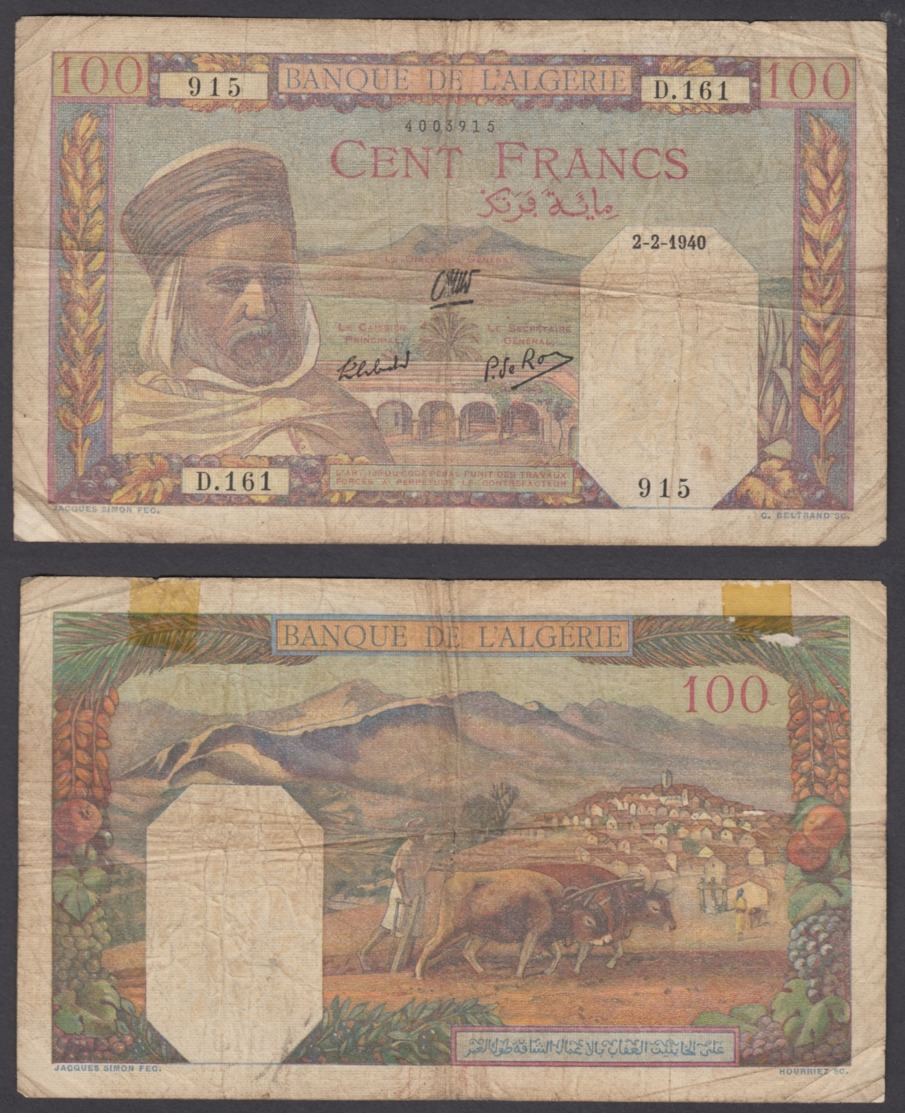 Algeria 100 Francs 1942 (VG) Condition Banknote P-85 - Algeria