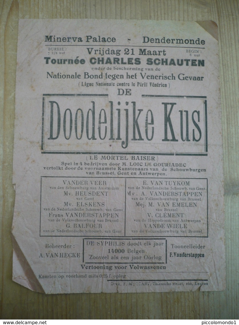 Cinema Minerva Palace Dendermonde Nationale Bond Tegen Venerisch Gevaar Péril Vénérien Syphilis Dodelijke Kus 1920 - Manifesti