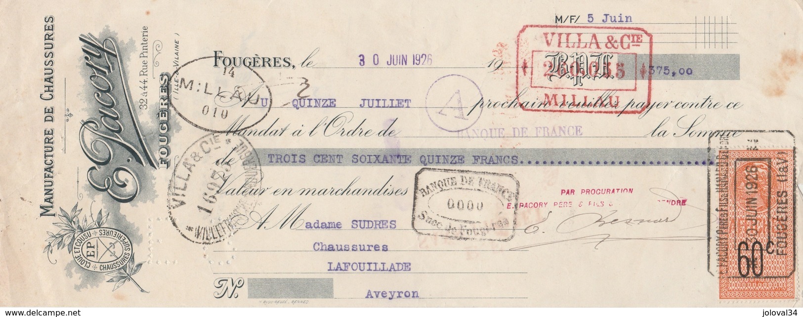 Lettre Change 30/6/1926 PACORY Chaussures FOUGERES Ille Et Vilaine- Sudre Lafouillade Aveyron Timbre Fiscal AFFICHES - Lettres De Change