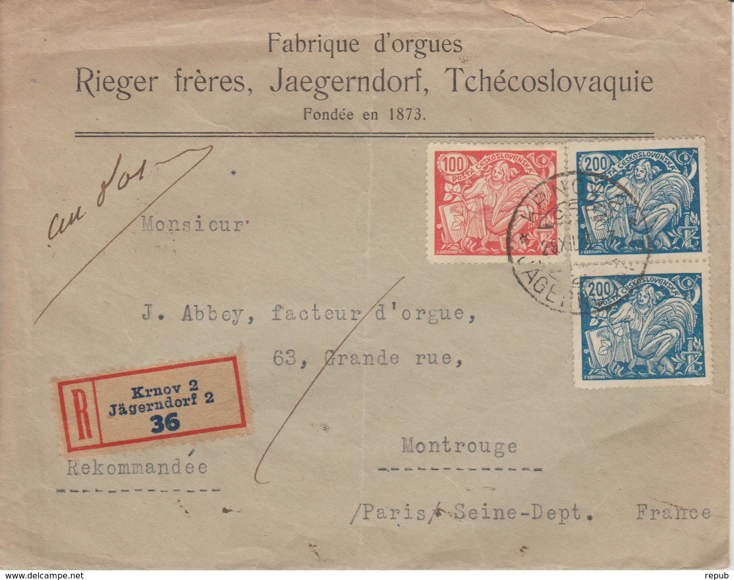 Lettre Recommandée De Tchécoslovaquie Fabrique D'Orgues Pour La France 1924 - Cartas & Documentos