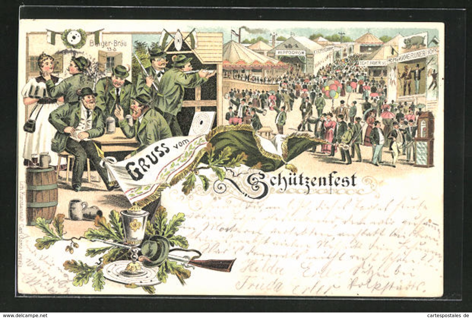 Lithographie Schützenfest, Bürger-Bräu, Festplatz Mit Hippodrom - Jacht