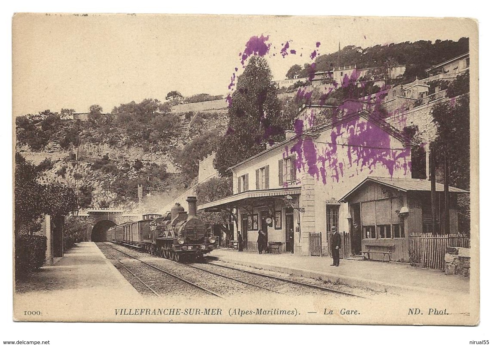 Guerre 14 18 VILLEFRANCHE SUR MER Alpes Maritimes Sur Cpa La Gare Cachet Violet MARINE FRANCAISE SERVICE A LA MER = ..G - Guerre De 1914-18