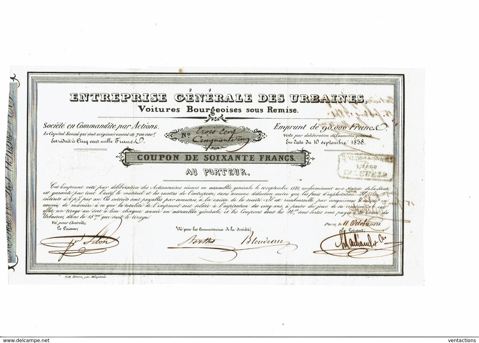 75-URBAINES. ENTREPRISE GENERALE DES ...VOITURES BOURGEOISES SOUS REMISE. 1838 - Other & Unclassified