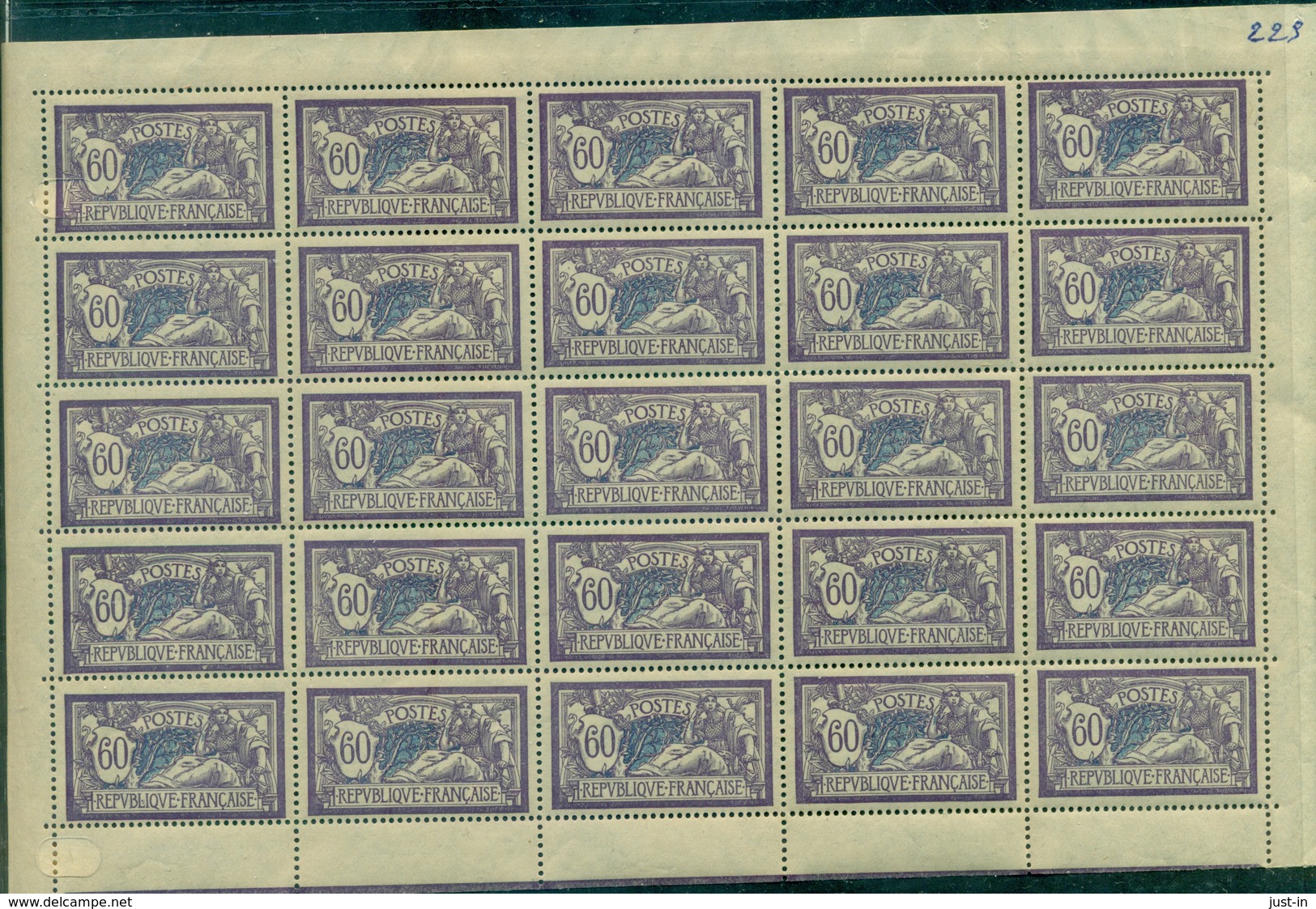 FRANCE N° 144 Nxx MERSON 60c VIOLET Feuille De 25 Ex. TB Cote : +++75 €. - Hojas Completas