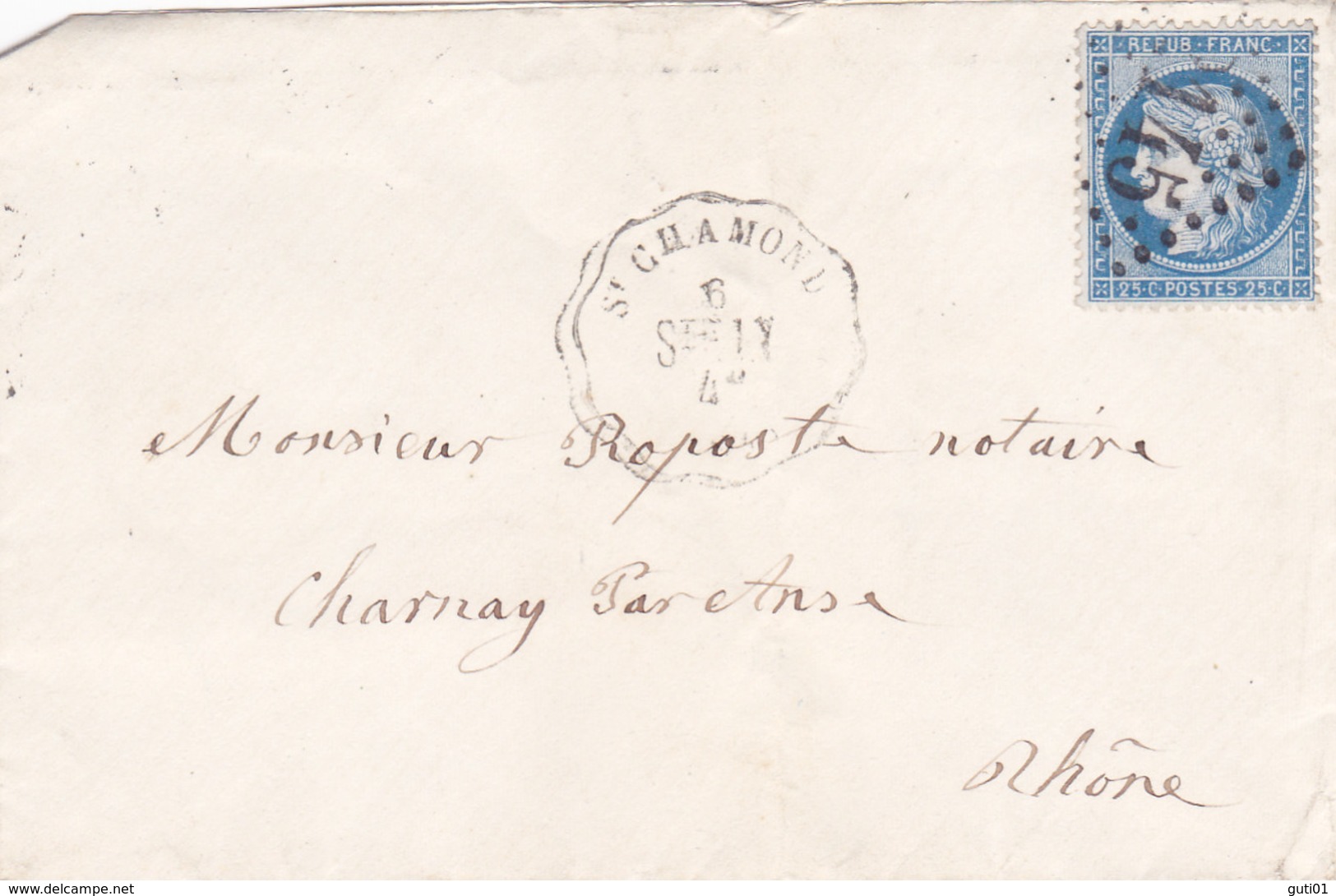 Lettre Ardes Sur Couze Pour Charnay / GC 145 Sur N°60 / Convoyeur- Station  St Chamont 6 Fevr 73 - 1849-1876: Classic Period