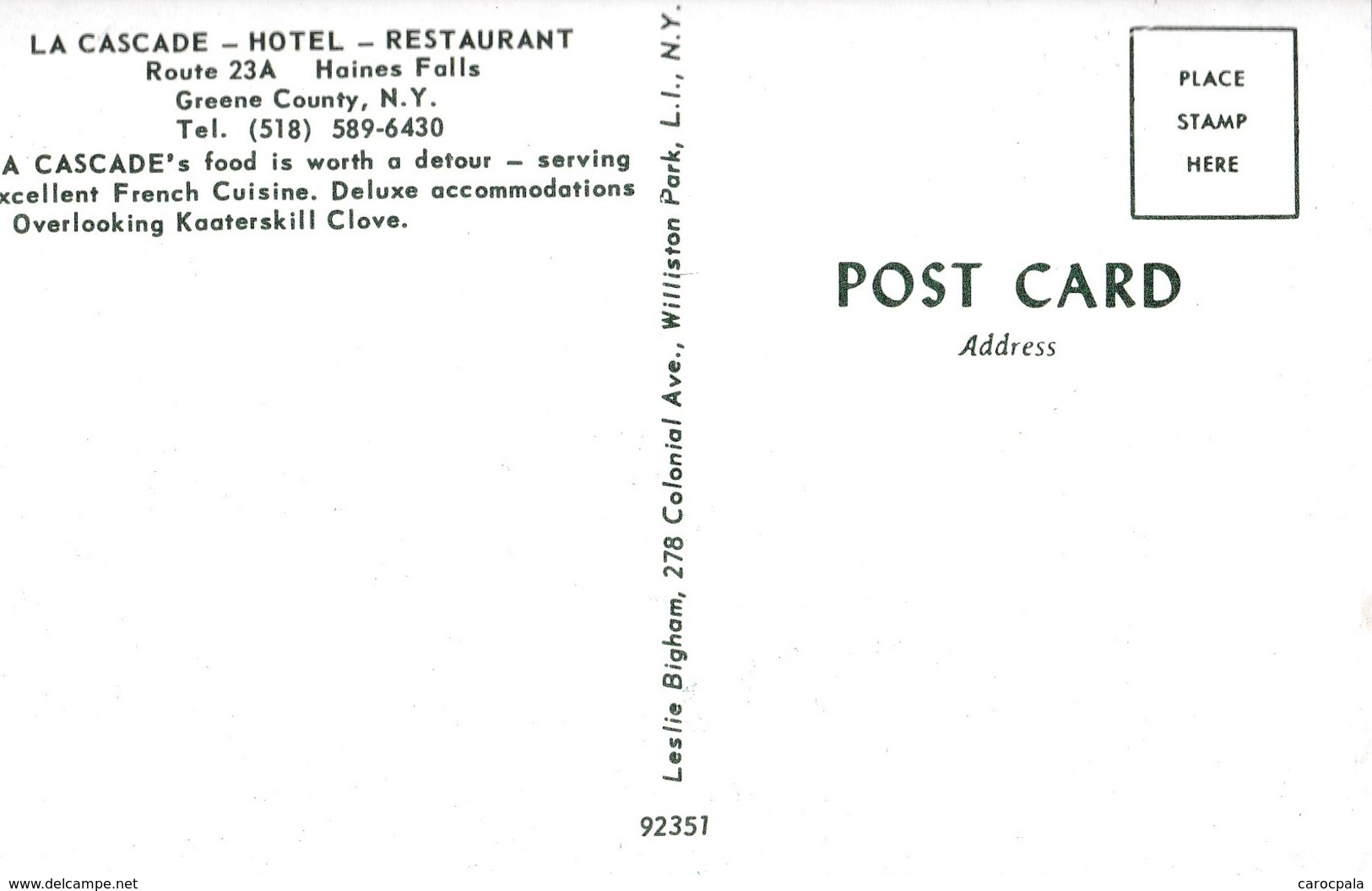 Carte Vers 1960 HOTEL RESTAURANT LA CASCADE / HAINES FALLS / ROUTE 23A / GREENE COUNTY - Autres & Non Classés