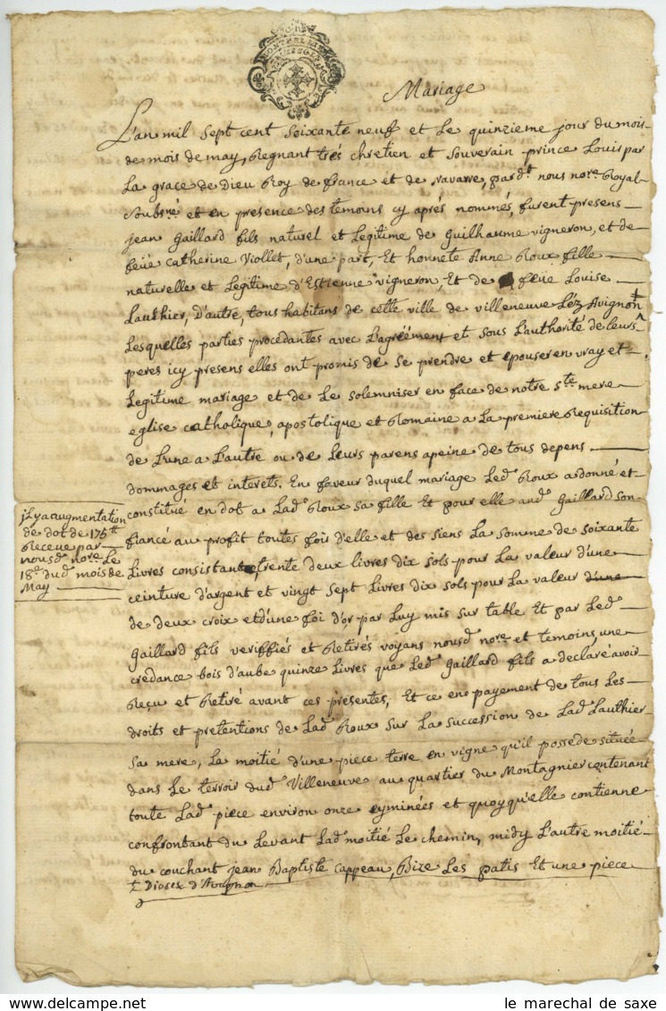 VILLENEUVE-LES-AVIGNON - 4 Documents Contrats De Mariage Etc. 1755 à 1788 Vigneron Gaillard Granier Mercurin Vidier Etc. - Manuscrits