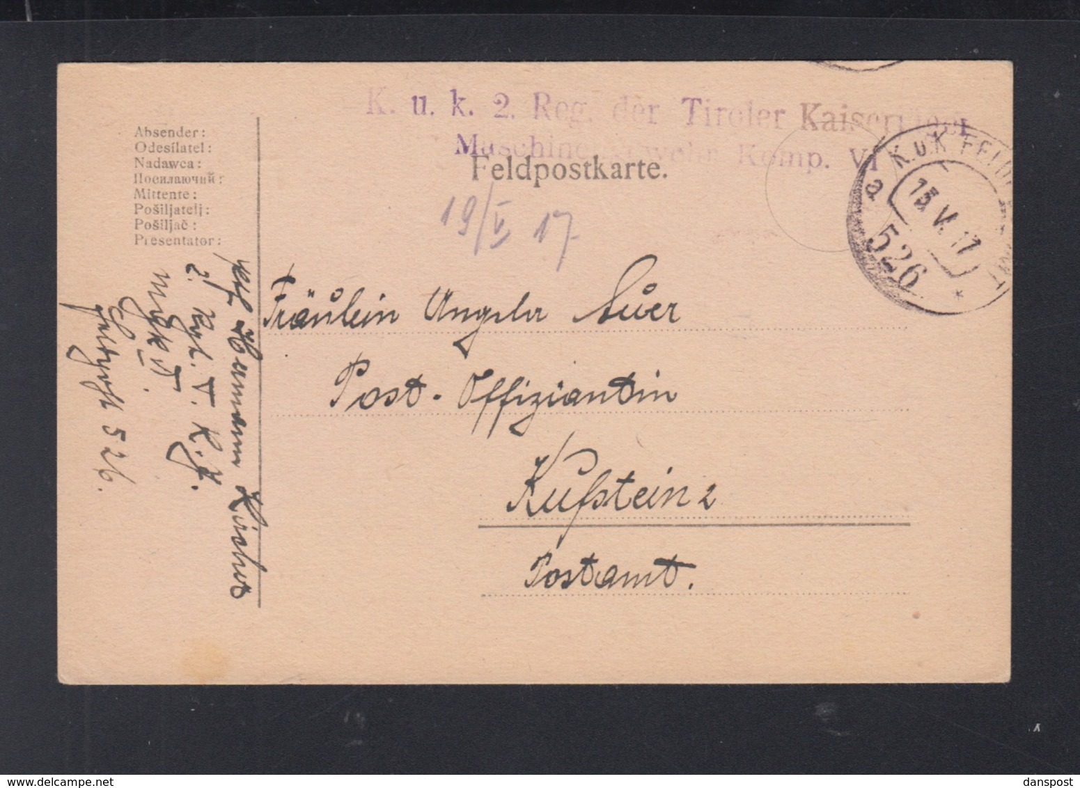 KuK Feldpost 526 2. Reg. Tiroler Maschinengewehr Komp. 1917 - Briefe U. Dokumente