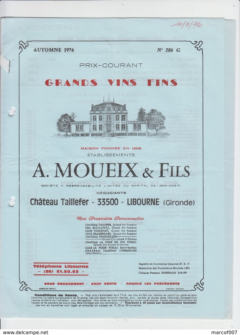 PUB - CATALOGUE DE VINS DE BORDEAUX - POMEROL - A.MOUEIX & FILS - CHATEAU TAILLEFER - LIBOURNE - 1976  - 5 PAGES - Alcools