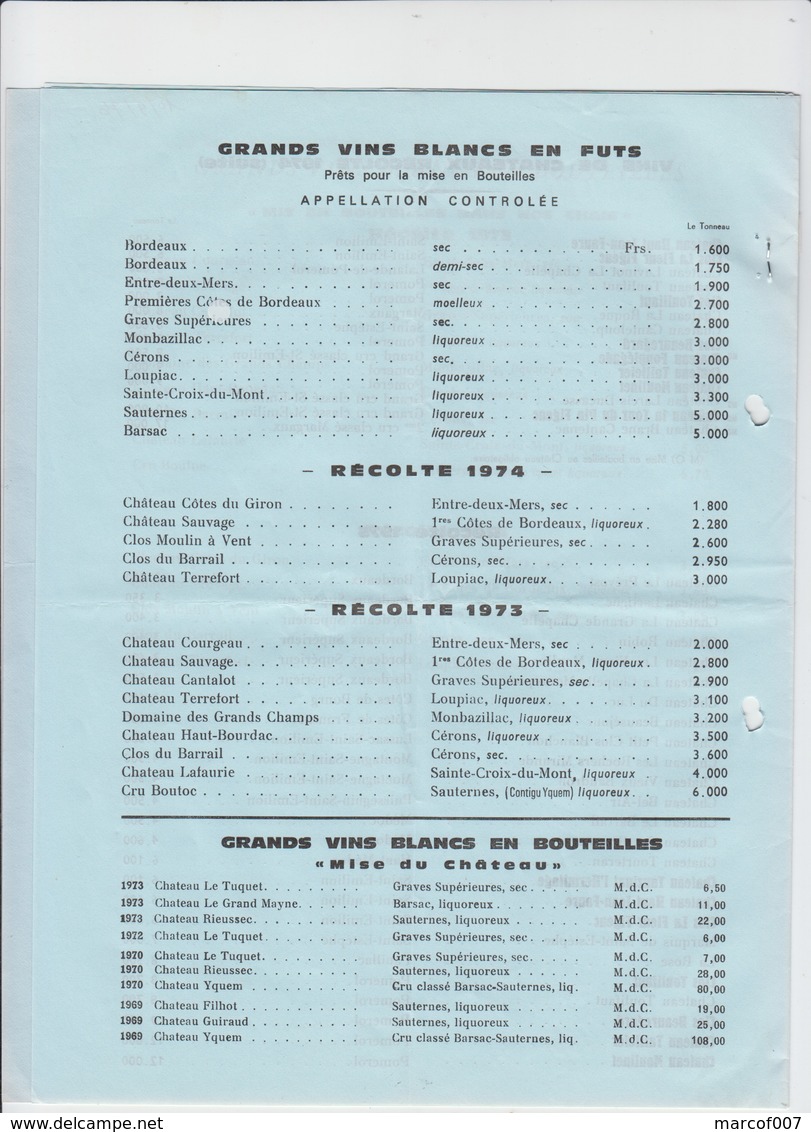 PUB - CATALOGUE DE VINS DE BORDEAUX - POMEROL - A.MOUEIX & FILS - CHATEAU TAILLEFER - LIBOURNE - 1976  - 5 PAGES - Alcools