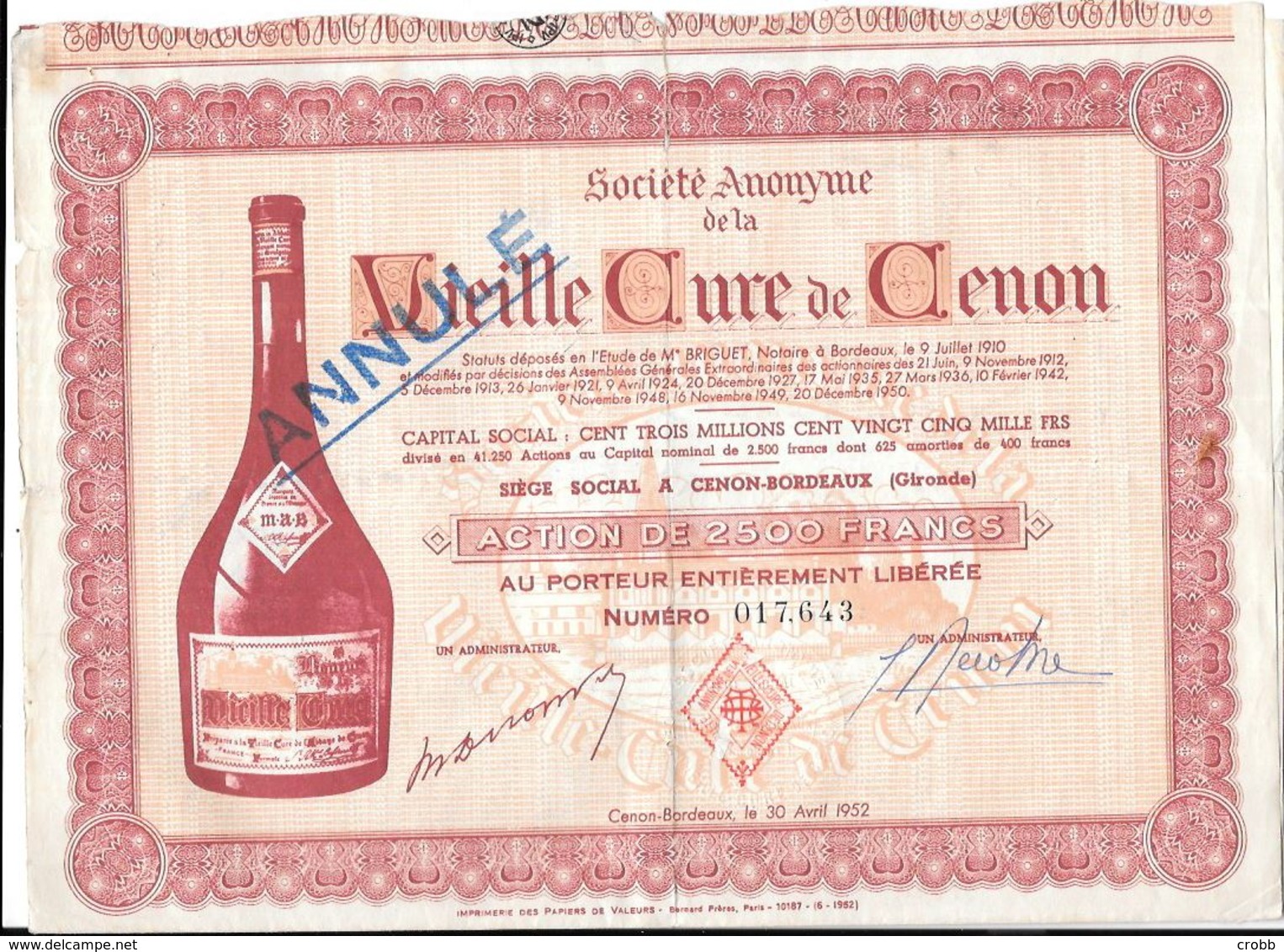 Action Vieille Cure De Cenon, (Gironde) Action De 2500 Francs - A - C