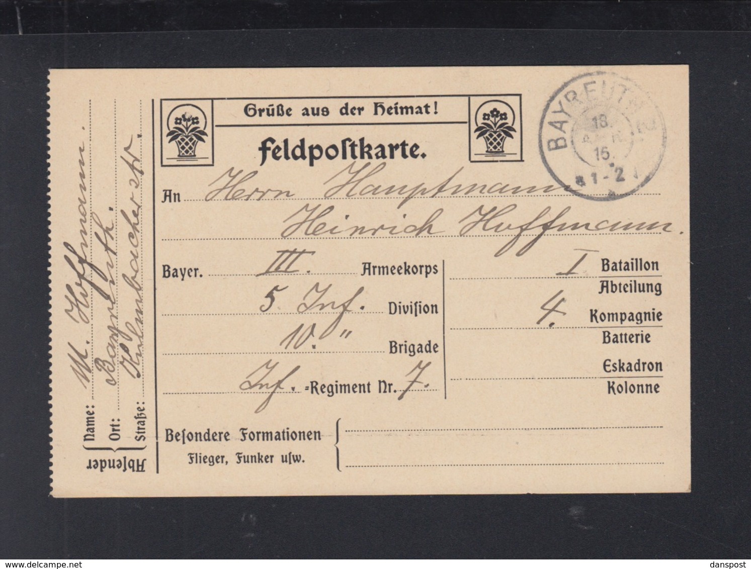 Bayern Feldpost 1916 Bayreuth - Feldpost (franchigia Postale)