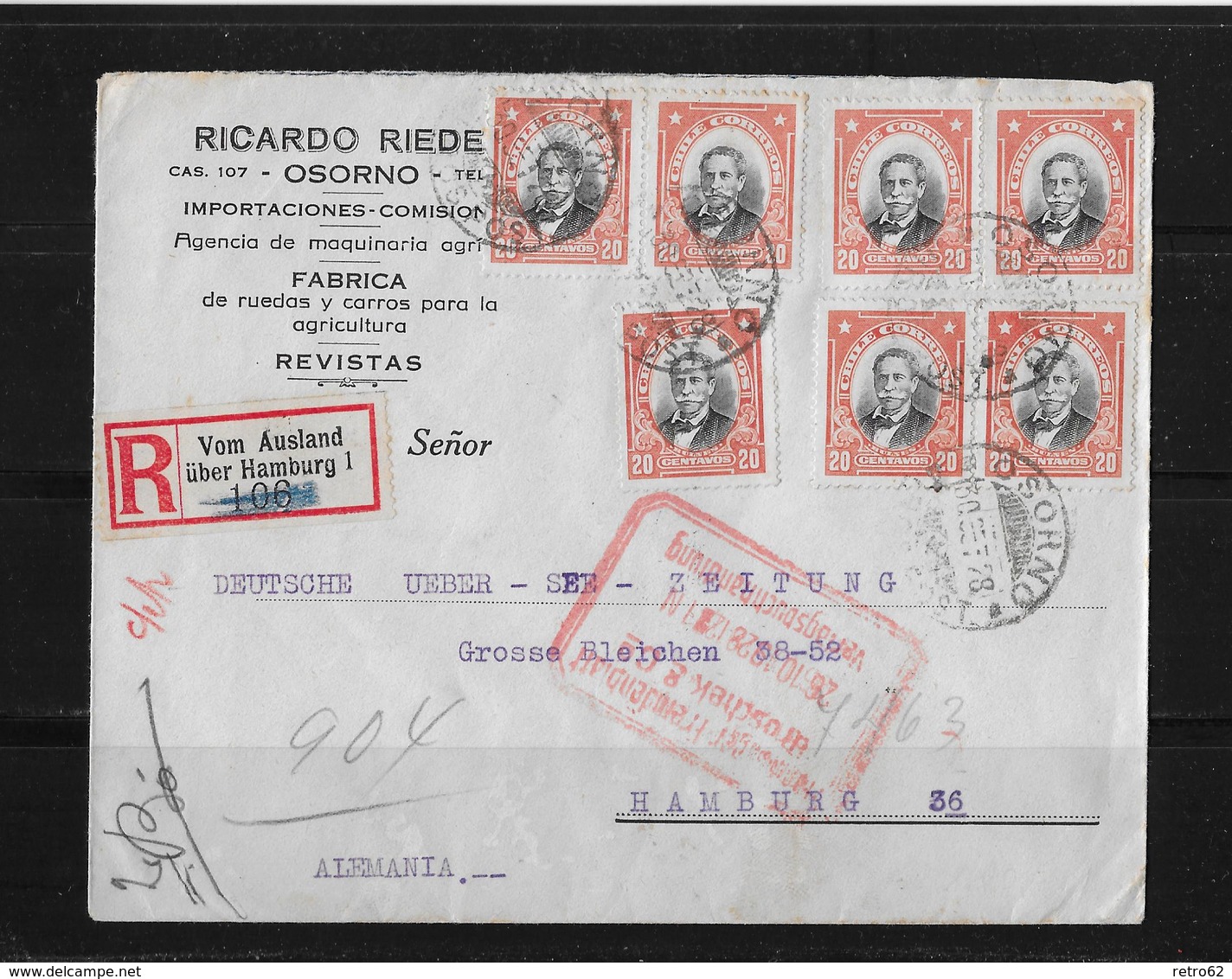 1928 Chile R-Brief Osorno Santiago Hamburg - Chili