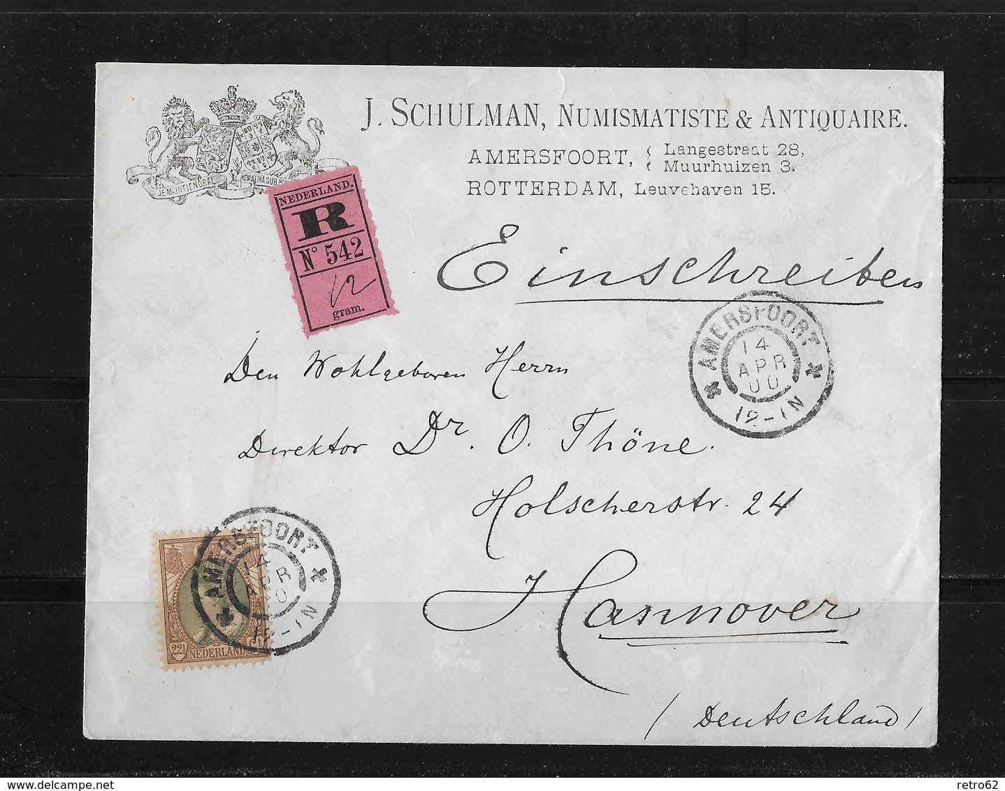 1900 Niederlande, R-Brief Amersfoort - Hannover - Brieven En Documenten