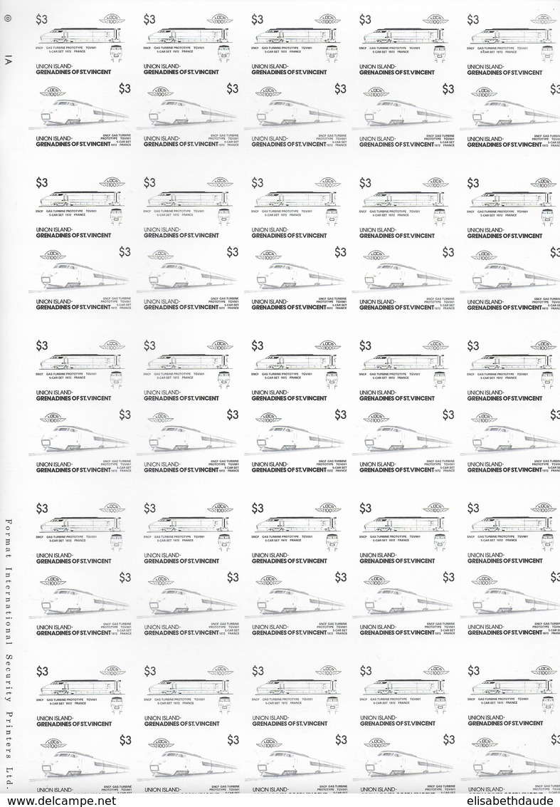GRENADINES OF ST V- UNION ISLAND 1986 - Mi 206/7 **- LOCOMOTIVES / TRAIN TGV 3$ : ESSAI COULEUR En 7 FEUILLES COMPLETES - St.-Vincent En De Grenadines