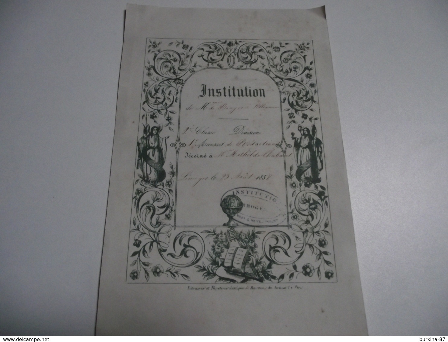 Limoges, INSTITUTION BONY Et VILLENEUVE, 1858, 1er Accessit, 2eme Classe - Diplômes & Bulletins Scolaires