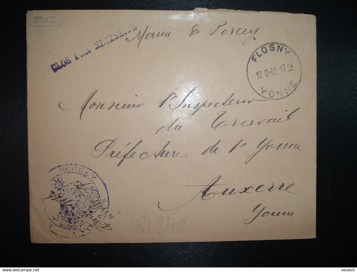 LETTRE MAIRIE DE PERCEY OBL. HOROPLAN 12-2 1942 FLOGNY YONNE (89) à Mr L'Inspecteur Du Travail AUXERRE - WW II