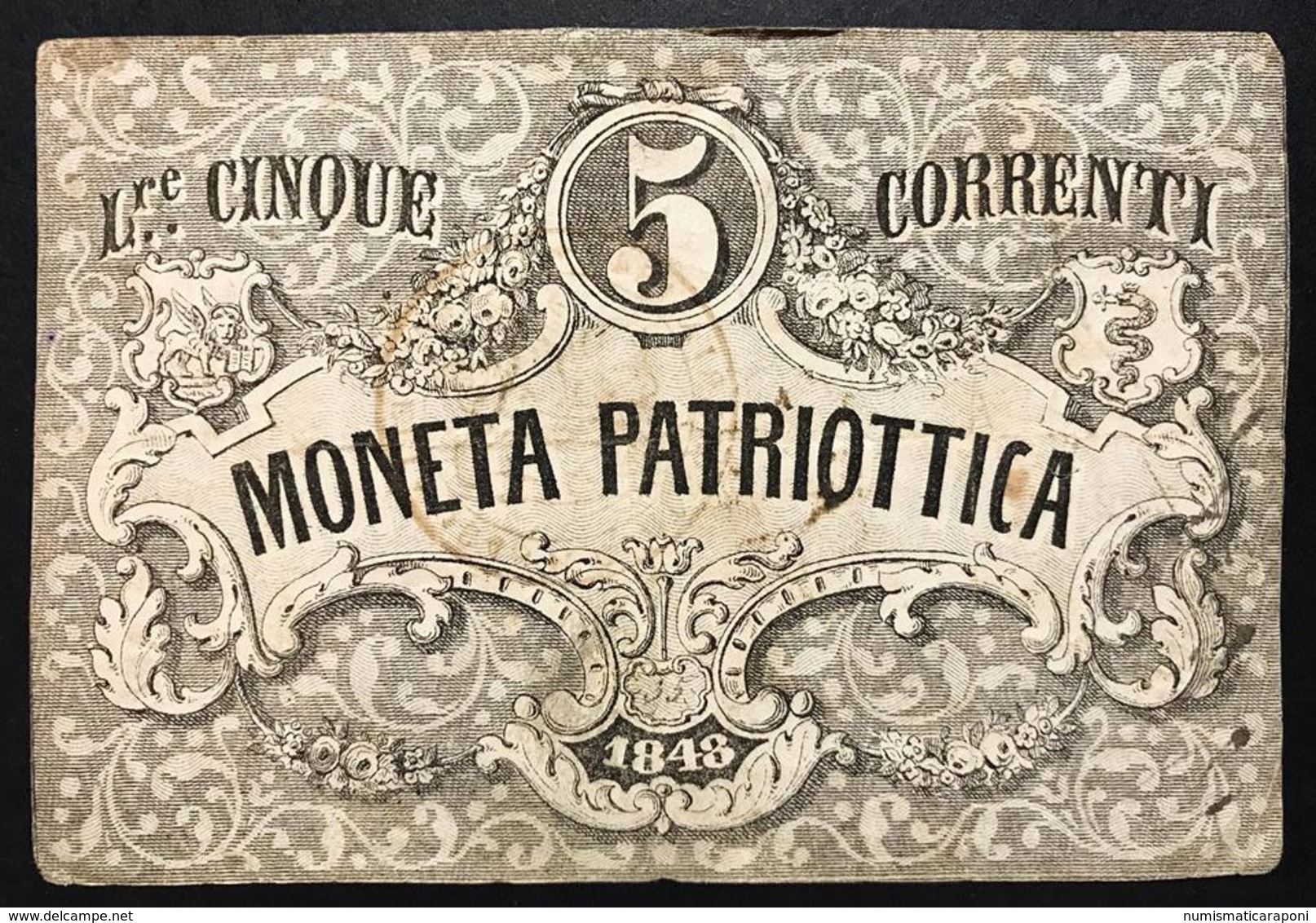 Venezia 5 Lire Moneta Patriottica 1848 Firma Barzilai  LOTTO 398 - [ 4] Voorlopige Uitgaven