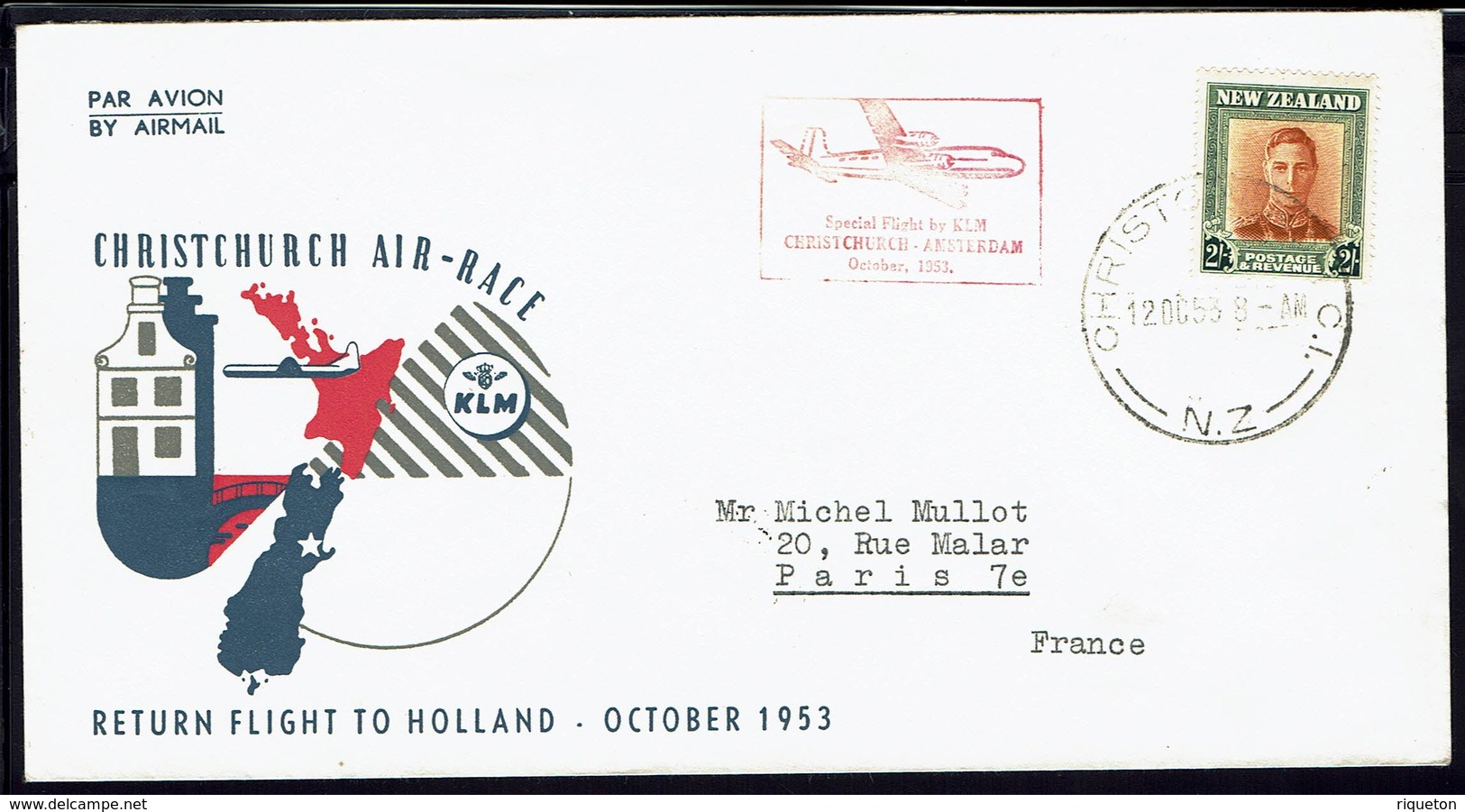 Nelle-Zélande - 1953 "Christchurch-Amsterdam - Air-Race - K.L.M" Timbre N° 293 Sur Enveloppe Pour Paris - B/TB - - Corréo Aéreo
