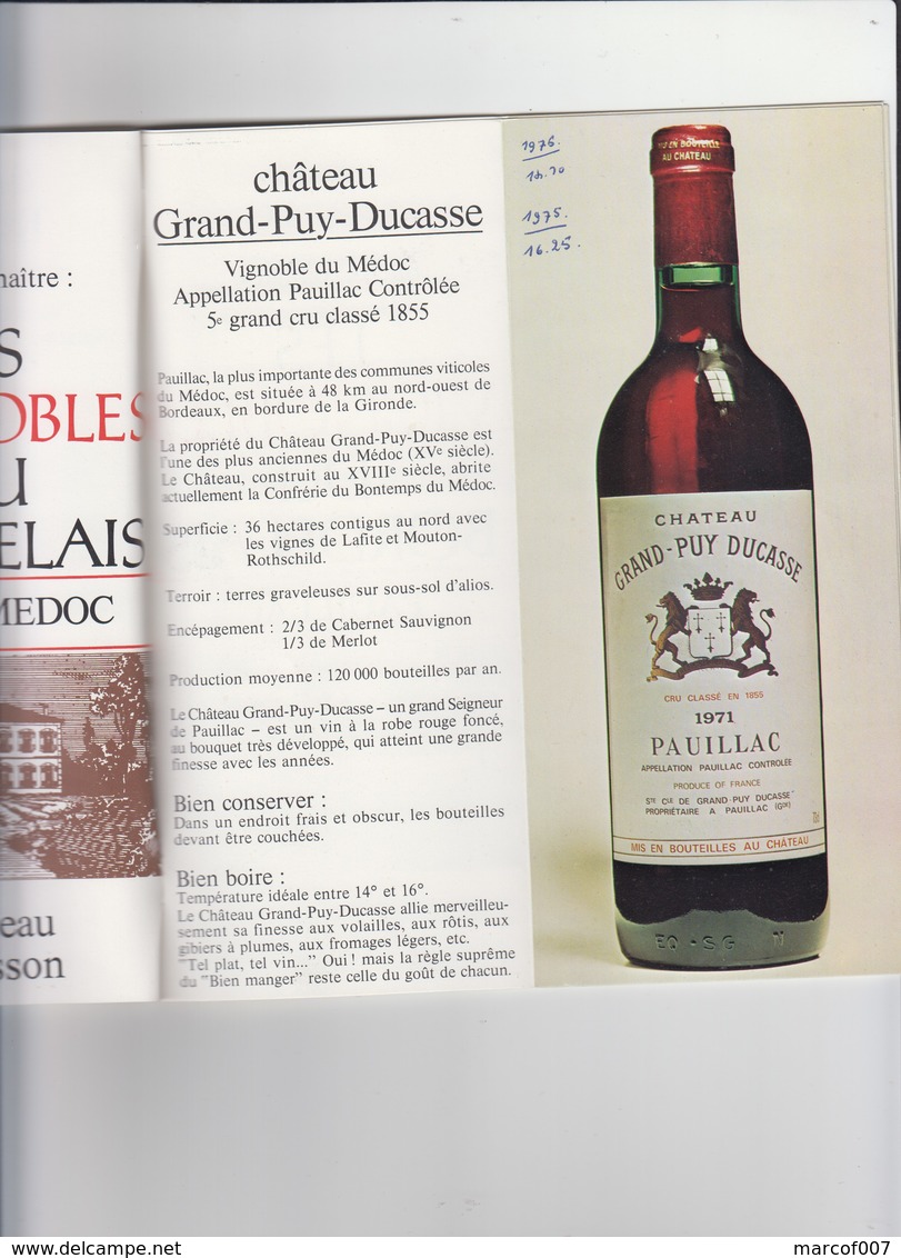 PUB - VIN DE BORDEAUX - VIGNOBLES DE BORDEAUX -MARGAUX - PAUILLAC - CHATEAU REYSSON - CATALOGUE 5 PAGES 1977 - Alcools