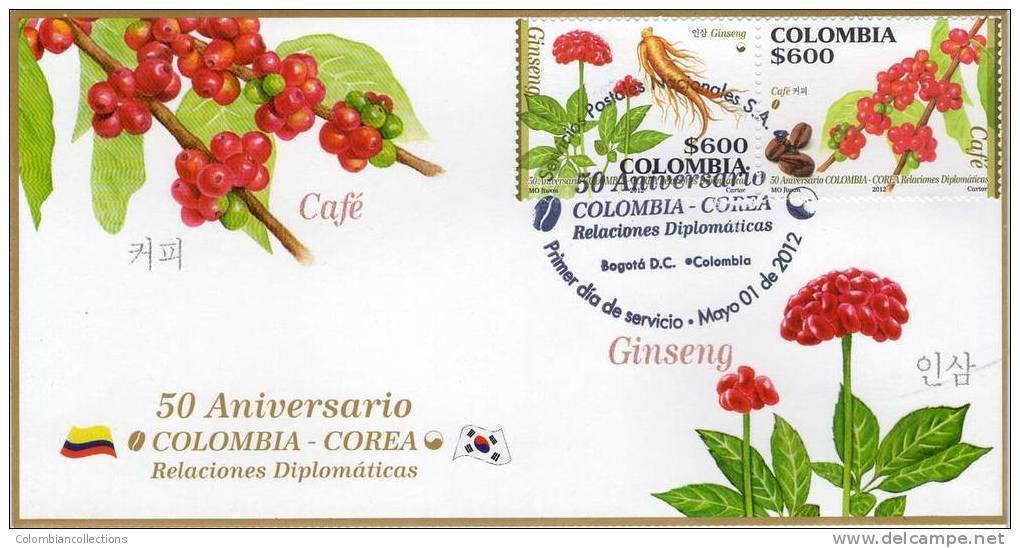 Lote 2715-6F, Colombia, 2012, Cafe, Coffee, SPD-FDC, First Stamp Colombian Coffee Smell, Corea, Korea - Colombia