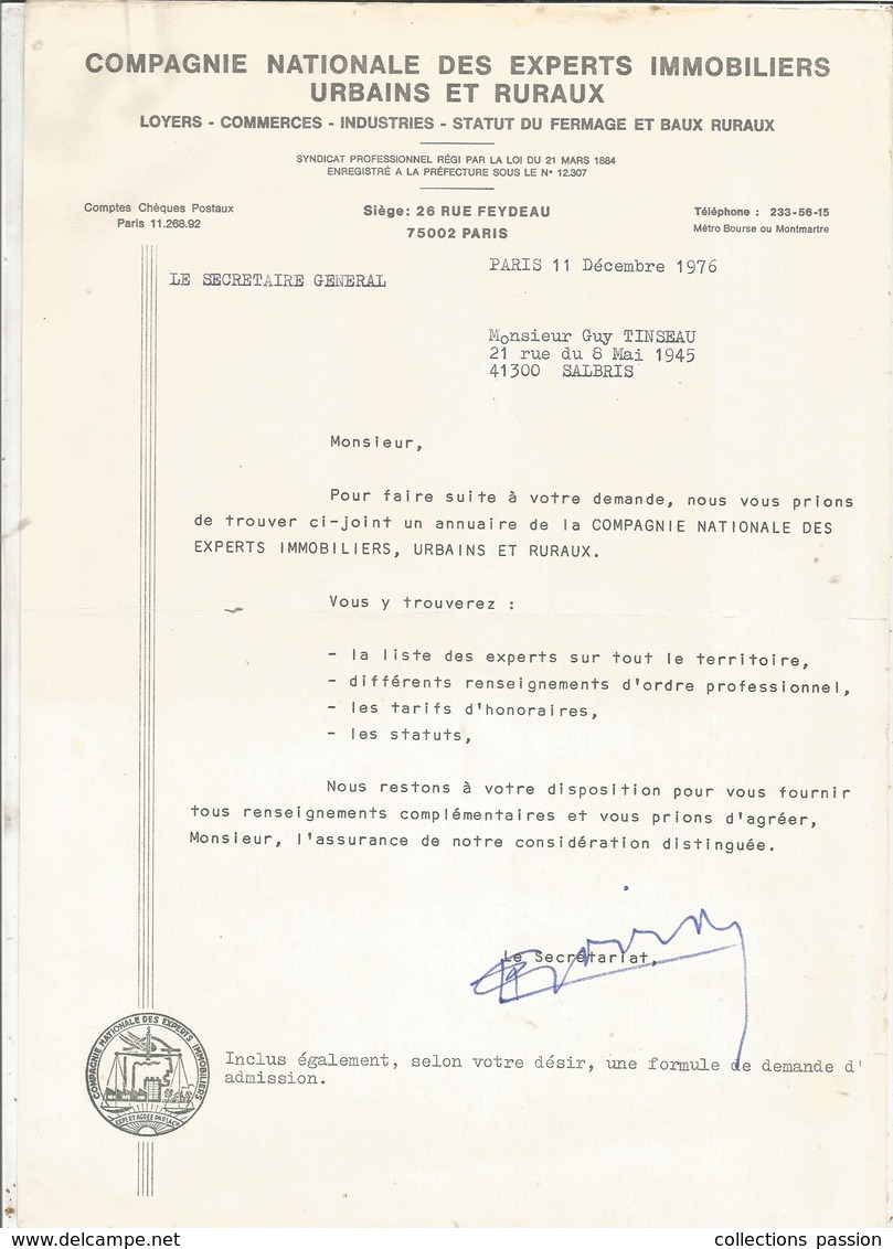 Courrier Commercial Compagnie Nationale Des Experts Immobiliers Urbains Et Ruraux ,Paris, 1976 , Frais Fr 1.65 E - 1950 - ...