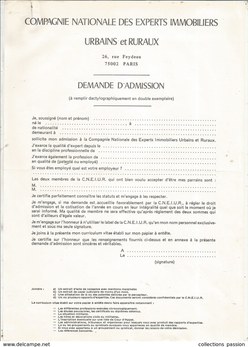 Demande D'admission Compagnie Nationale Des Experts Immobiliers Urbains Et Ruraux ,Paris, 1976 , Frais Fr 1.65 E - 1950 - ...