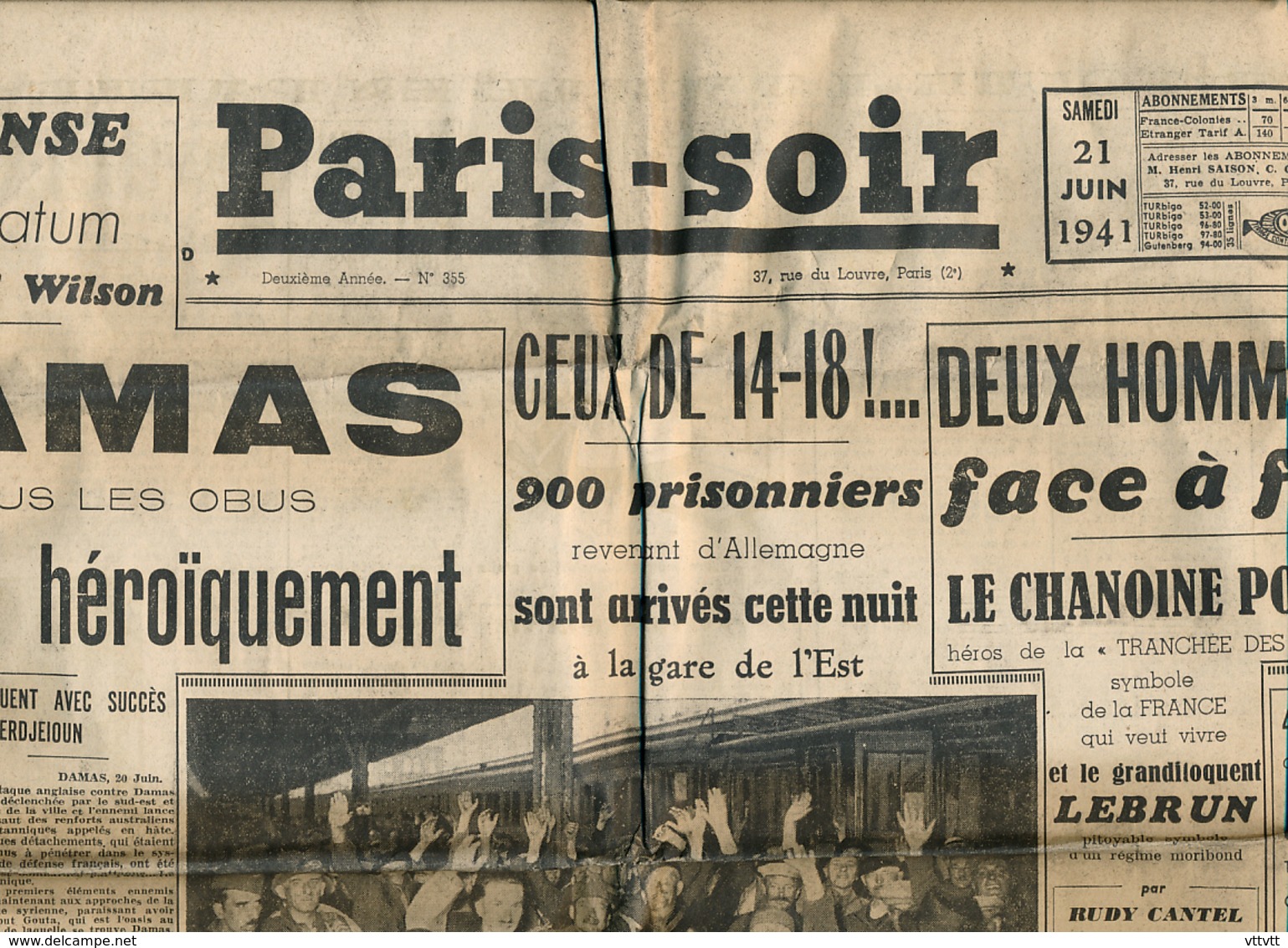 PARIS-SOIR, N° 355, Samedi 21 Juin 1941, Damas, Prisonniers, Chanoine Polimann, Montmartre, Silésie, Appel à Pétain... - Autres & Non Classés