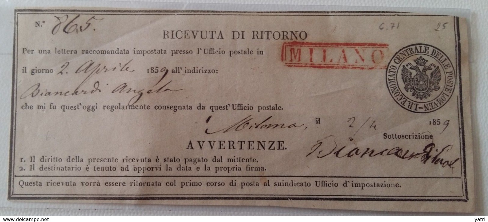 Lombardo Veneto (1859) - Milano R.s.d. In Rosso Su Ricevuta Di Ritorno Di Raccomandata Per Città - Lombardo-Veneto