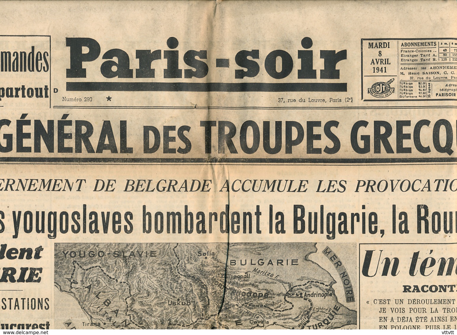 PARIS-SOIR, N° 290, Mardi 8 Avril 1941, Armée Allemande, Troupes Grecques, Bulgarie, Roumanie, Hongrie, Montparnasse.... - Other & Unclassified