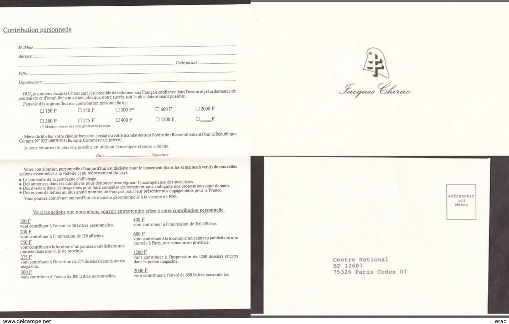 "Contribution Personnelle" - Document Vierge + Enveloppe Retour - Jacques Chirac - RPR - 1995 - Documents Historiques