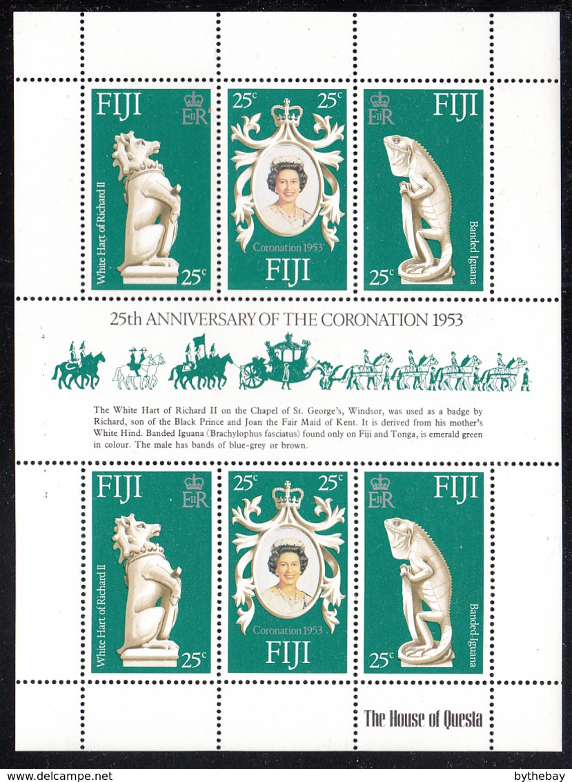 Fiji 1978 MNH Sc #384 Elizabeth II 25th Ann Coronation Sheet Of 6 - Fidji (1970-...)