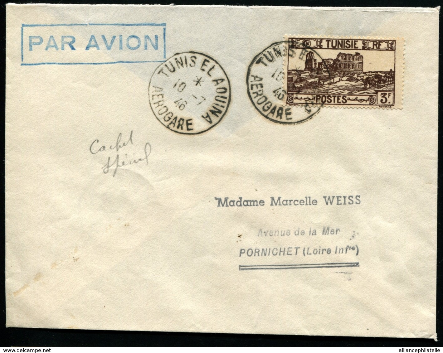 TUNISIE - Cachet Spécial "TUNIS EL AOUINA 10/7/46" Pour PORNICHET - TB - Airmail